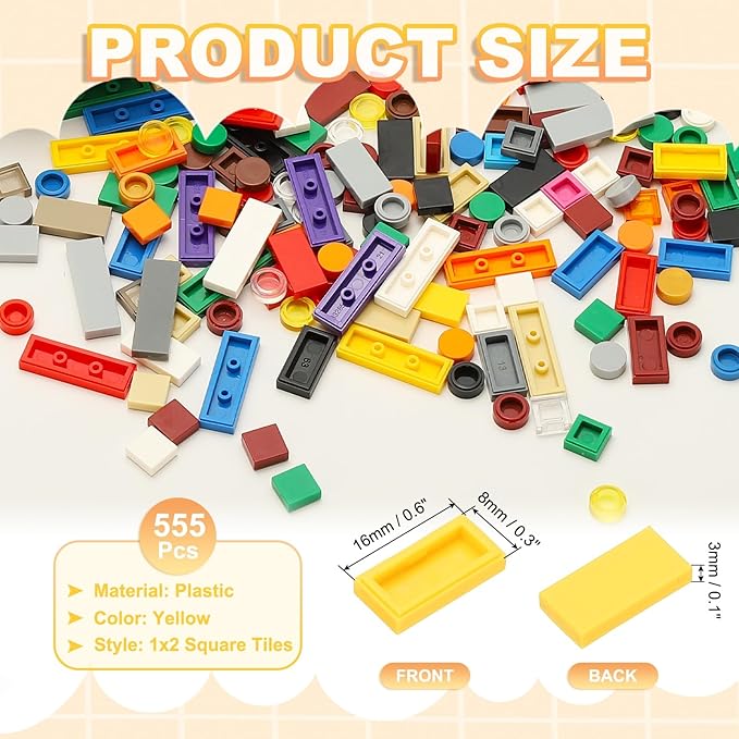 PATIKIL 555 Pcs Flat Blocks Bulk, 1x2 Square Yellow Classic Tiles Smooth Surface Mini Building Blocks Accessories Compatible Bricks Kits for Building Floor Walls Mosaic Pixel Arts