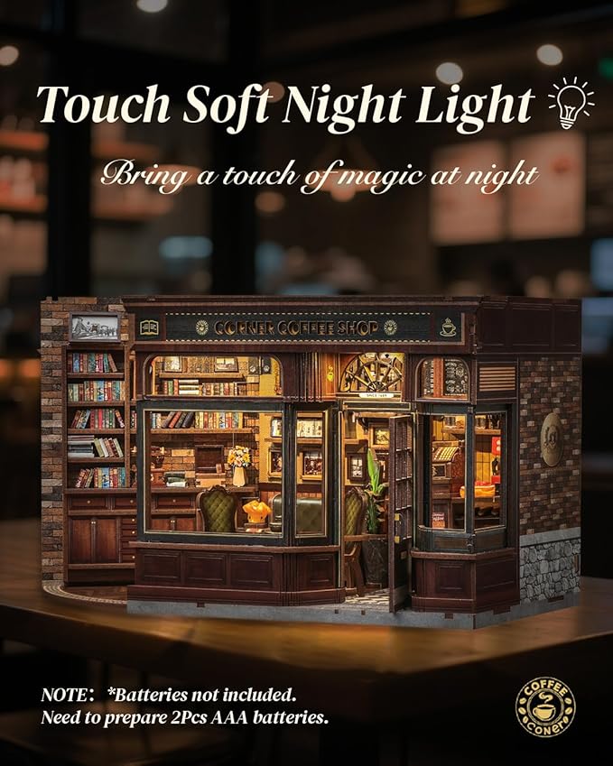 Cutefun Book Nook Kit - DIY Miniature Doll House Kit, Book Nook Kits for Adults, 3D Wooden Puzzle Bookend Bookshelf with LED Light for Cafe Crafts Lovers (Corner Coffee Shop)