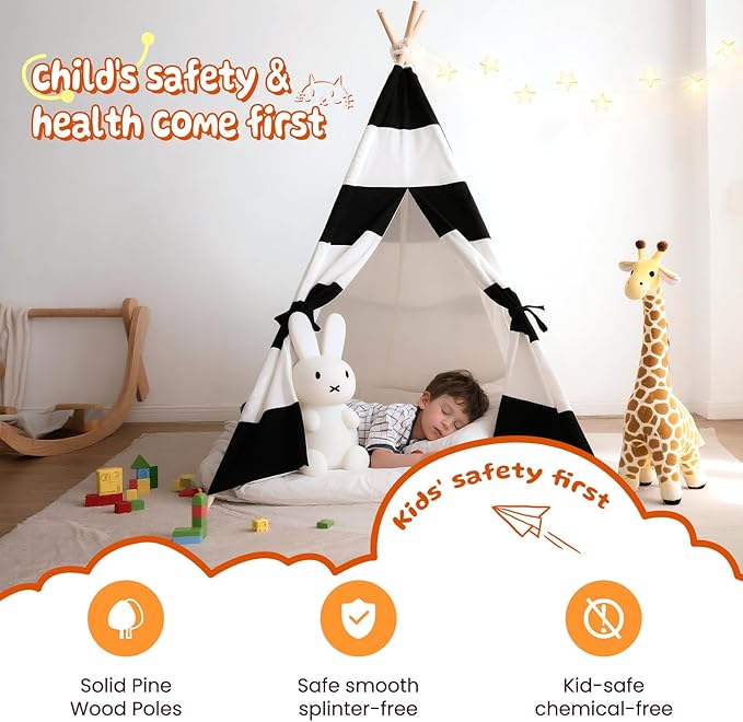 Teepee Tent for Kids with Padded Mat, Lights, and Carry Bag, Washable Playhouse for Indoor Use, Ideal Play Tent for Girls and Boys, Stripe Black