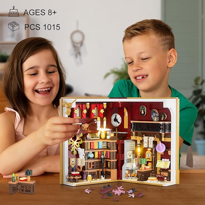 Magic Booknook Building Set with LED Light, 3.6mm Mini DIY Bookend Building Kit for Bookshelf & Home Decor, 1015 PCS Miniature Book Nook Building Block Model for Kids Adults Boys Girls Age 8+