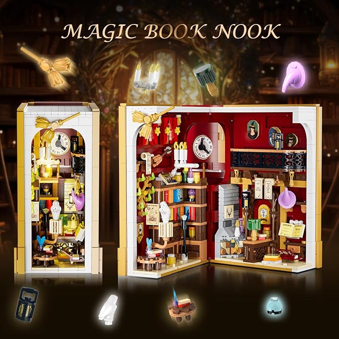 Magic Booknook Building Set with LED Light, 3.6mm Mini DIY Bookend Building Kit for Bookshelf & Home Decor, 1015 PCS Miniature Book Nook Building Block Model for Kids Adults Boys Girls Age 8+