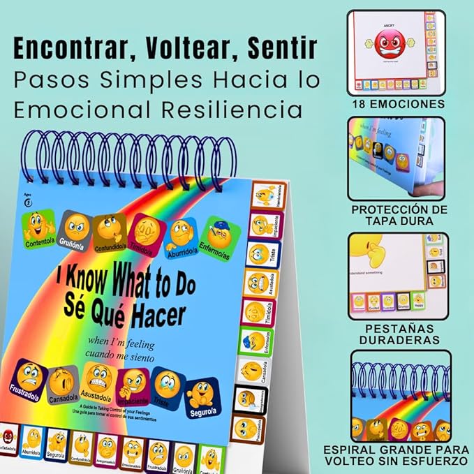 I Know What to Do Flipbook (SP/Eng): Emotions Book for Kids-Autism Learning Materials for Understanding Feelings; Reinforces Positive Behavior; Serves as Emotions Wheel/Chart; Calm-Down Corners