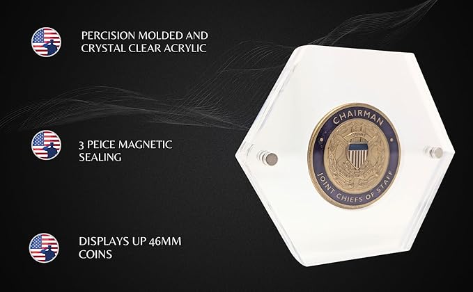 Premium Military Challenge Coin Display Capsule, Hexagonal Acrylic Case with Magnetic Closure, Clear