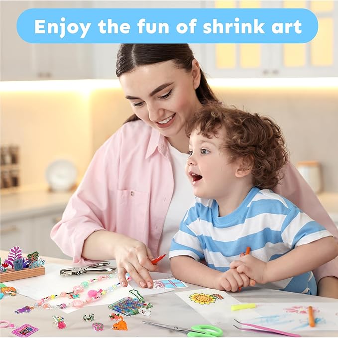 Auihiay 198 Pieces Shrink Plastic Kit Includes 20 Sheets Shrink Papers, Hole Punch, Keychain Accessories and Pencils for Shrinky Art and DIY Keychain Making Easter Mother Day Ornament