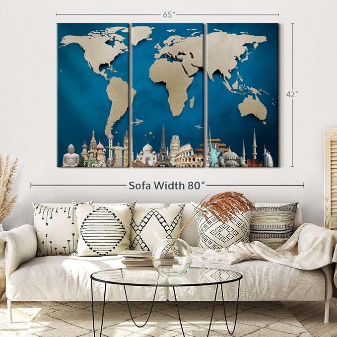 ElephantStock Ocean Blue World Map Multi Piece Canvas - 3 Panel Wall Decor - Map of the World Art - Canvas for the Office and Home - 65" X 42"