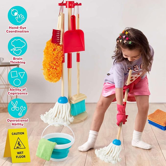 Lonico Wooden Kids Cleaning Toy Set Pretend Play Toys, 12 Pcs Toddlers Cleaning Mop Broom and Dustpan Set with Organizing Stand/Bucket/Duster/Brushes, Toddler Toys Gift for Boys Girls Aged 3 4 5 6