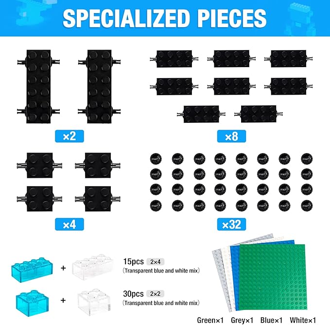 595 Pieces Building Bricks, Building Bulk Block with 4 Packs 5" x 5" Stackable Plates and 46PCS Wheel Accessory - Compatible with All Major Bricks, Gfits for Kids - 18 Shape/16 Color