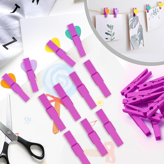 50PCS Colored Wooden Clothespins, 2.9inch Hot Pink Clothes Pins for Clip Pictures Photos Decorative, Small Colorful Wood Decoration Closepins Clips