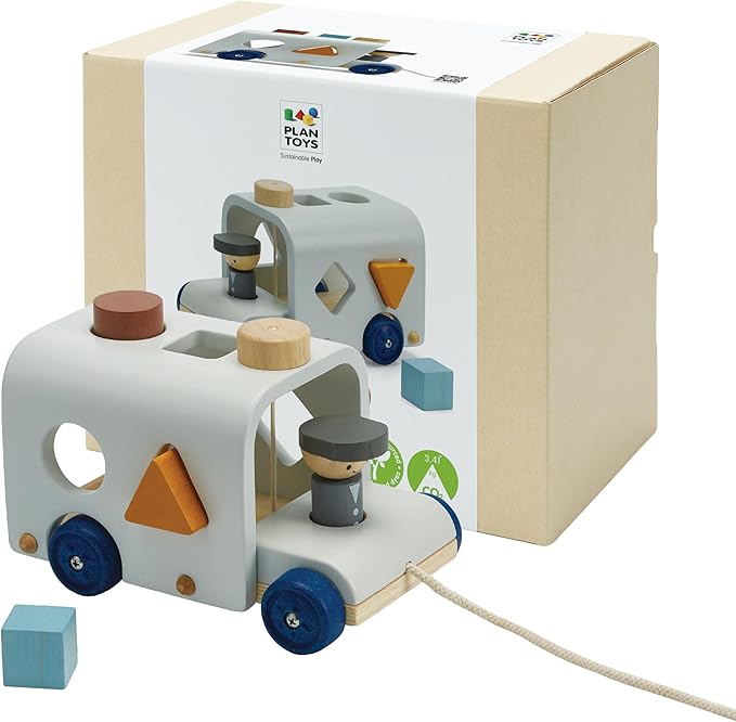 PlanToys Shape Sorting Bus Wooden Pull Toy - Non-Toxic, Sustainably-Made Pull Along Wooden Toy