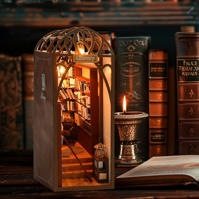 DIY Book Nook Miniature Kit, 3D Wooden Puzzles Bookend, Bookshelf Insert Decor, Assemb Build for Adults, Unique Gift for Birthday Father's Day, Library
