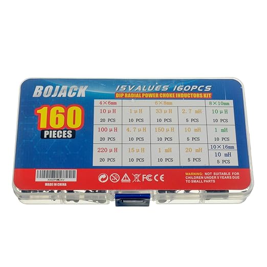 BOJACK 15 Values 160 Pcs Inductor 10 uH to 20 mH DIP Radial Power Choke Inductors Assortment Kit