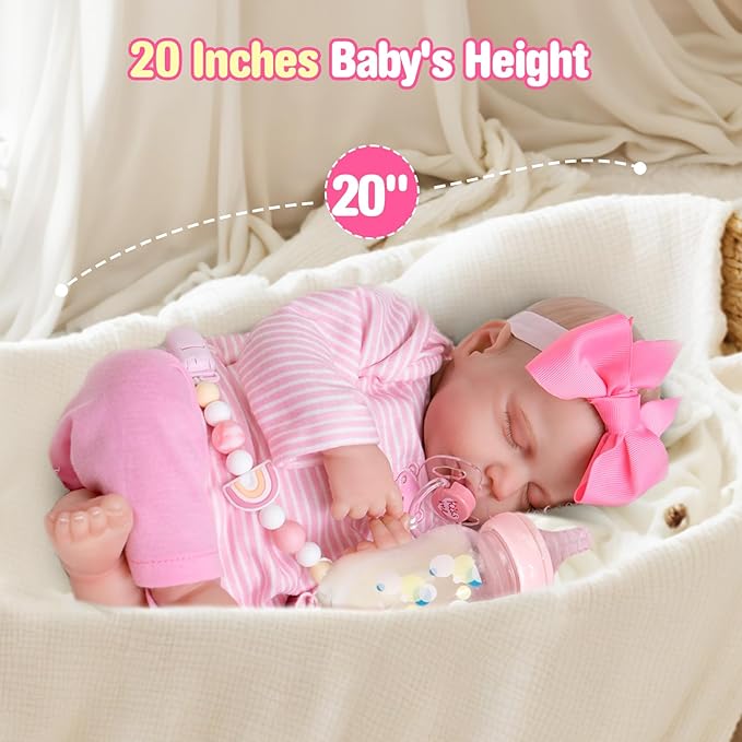 Aori Reborn Baby Dolls Girl - 20 Inch Realistic Newborn Sleeping Weighted Cloth Body Lifelike Baby with Hand-Painted Features & Pink Outfit Set - Cuddle Weighted Doll, Gift for Collectors & Kids 3+