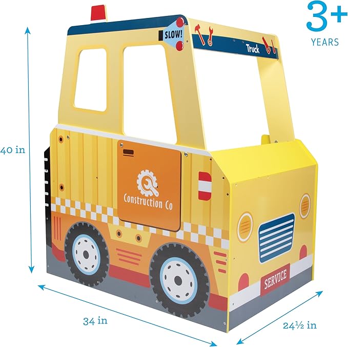 Construction Truck Wooden Playset w 60+ Toy Pieces- Pretend Hammer Saw Bolts, Screws- Spinning Turn Saw, Steering Wheel, Wood to Pull Apart- Dual Sided Stand Center, Workbench Building Kids Xmas Gift