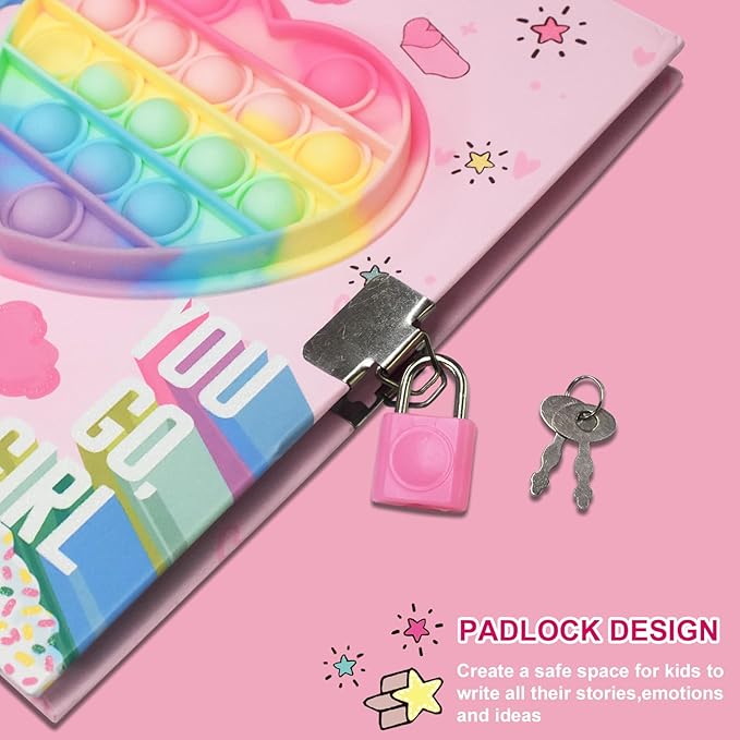 Pop Girls Diary with Lock and Invisible Ink Double-end Pen, 7.5x5.4” 160 Lined Page Fidget Colorful Heart Girls Journal for Kids Secret Notebook Pen Set Birthday Gifts for Girls 5 6 7 8 9 10 Years Old