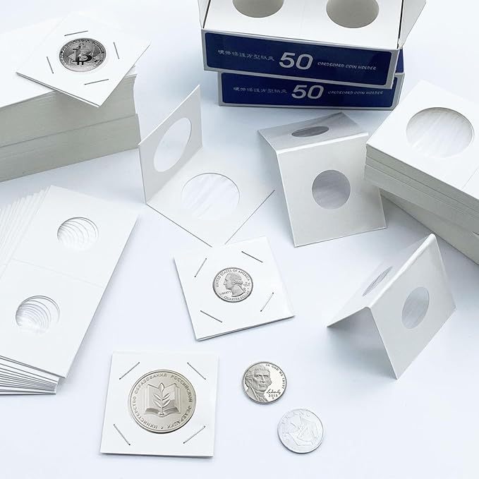 200 PCS Cardboard Coin Flips with 10 Sheets Coin Pocket Pages, 4 Assorted Sizes 2" x 2" Cardboard Coin Holders Coin Flips Coin Collection Supplies for Dime, Dollars, Penny, Quarter, Nickels Collecting