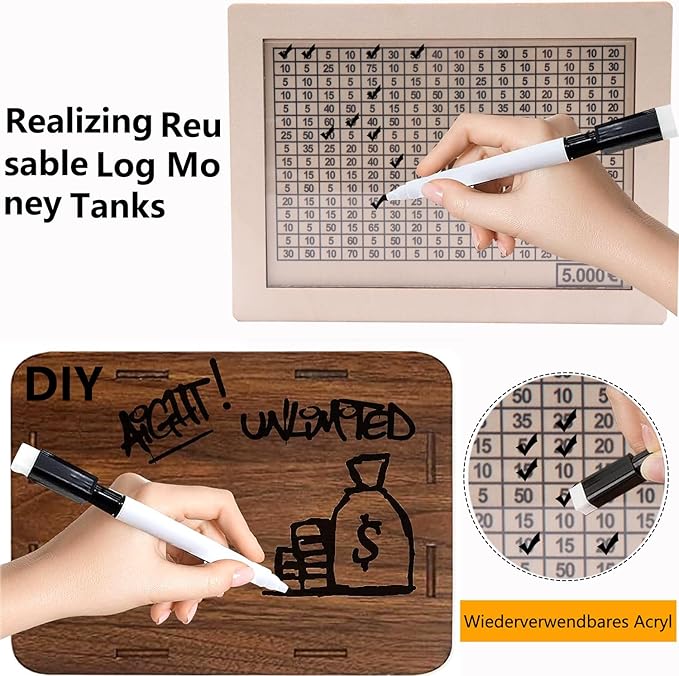 Money Saving Box, Wooden Money Box with Money Target and Numbers, Savings Challenges Money Box, Cash Savings Box, Bank for Adults Kids (10000 Dollar)