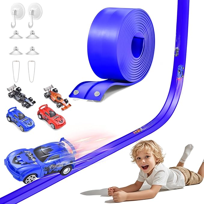 20 Ft Flexible Race Track Toys, Anti Gravity Car Track Set, Flex Race Car Ramp Track with Suction Cups - Rolls Up Portable DIY Race Track with 4 Racing Cars- Kids Race Car Track Toy (Dark Blue)
