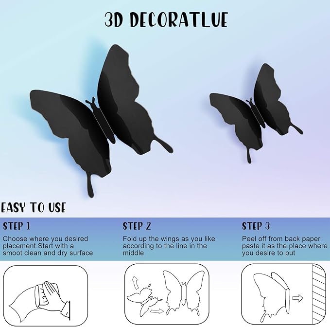 BBTO 48 Pieces Butterfly Wall Decor DIY Mirror 3D Butterfly Stickers Removable Decals for Home Bedroom School Bathroom Living Room Decor(Black)