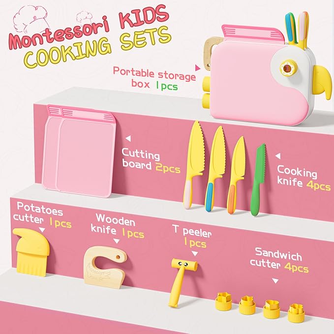 Montessori Kitchen Tools for Toddlers,Kids Knife for Real Cooking,Toddlers Knife Set with Storage Box Kids Safe Knives Children Cutting Set and Peeler,Montessori Toys for Kitchen Set -Pink