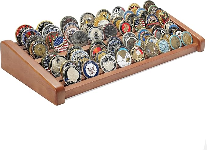 8 Rows Solid Wood Challenge Coin Display Stand - Military Holder for Up to 60-70 Coins - Ideal Rack for Army Navy Marine Corps Law Enforcement Collectors, Walnut Finish