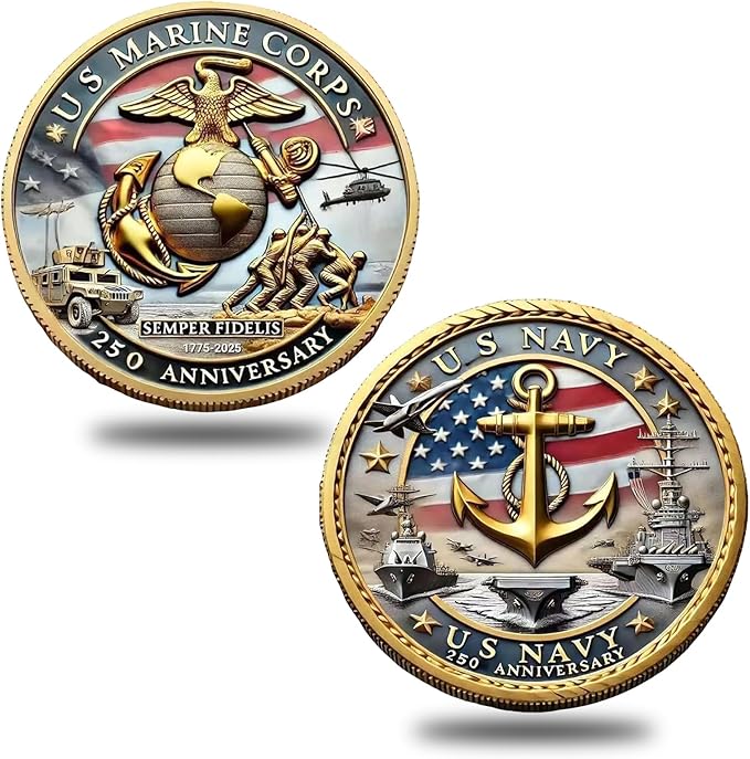 Marine Corps 250th Anniversary Challenge Coin – USMC Military Collectible with Gold Edge, Double-Sided Relief, Enamel Finish – Veteran Gift, Patriotic Souvenir (1775–2025)