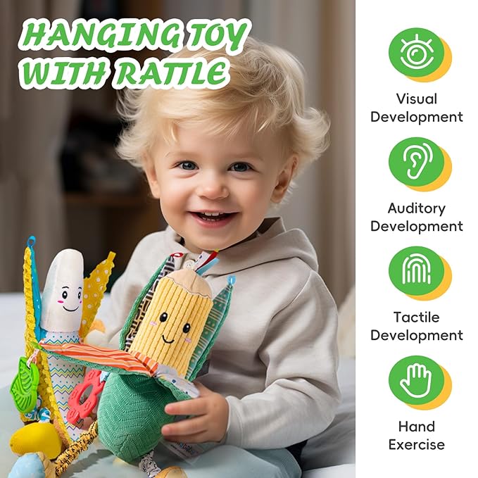 Jollybaby Baby Rattles Hanging Toys for Car Seat Crib Stroller Gym, Montessori Sensory Plush Vegetable Toys for Baby 0-3-6-12 Months with Ring Bell Crinkle and Teether, Newborn Baby Shower Gifts