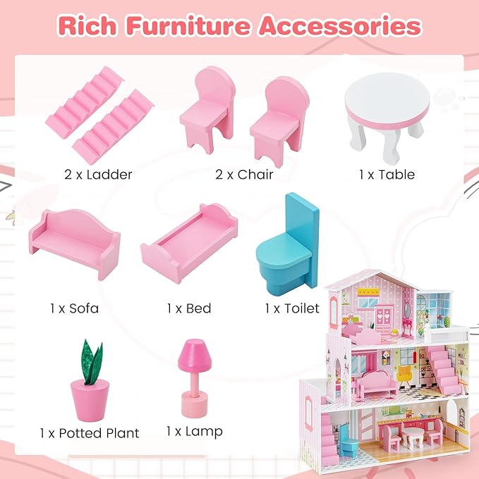 Costzon Wooden Dollhouse for Kids, 3-Story Semi-Open Doll House with 5 Rooms & 10 Pieces Furniture Set, Ladders & Balcony, Preschool DIY Pretend Play Dollhouse Toy, Gift for Girls & Boys Ages 3+