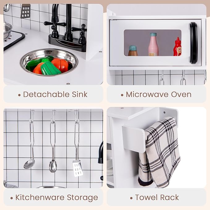 INFANS Play Kitchen for Kids, Wooden Kids Play Kitchen Playset with Realistic Light & Sounds, Pots Pan Microwave Sink, Children Pretend Cooking Toy Set Gift for Toddler Boys Girls Ages 3+