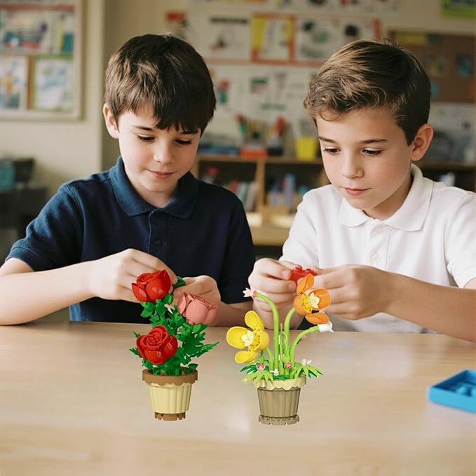 Party Favors for Kids, Tiny Plants Mini Flowers Building Blocks Set for Classroom Prize, Flowers Building Toy, Birthday Gifts for Boys Girls (Rose+Papaver rhoeas)