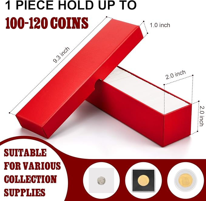 Teling 4 Pcs Coin Storage Box 2x2inch Flip Holders Collectors Coin Supplies Holders for Cents Collection Cardboard(Red)