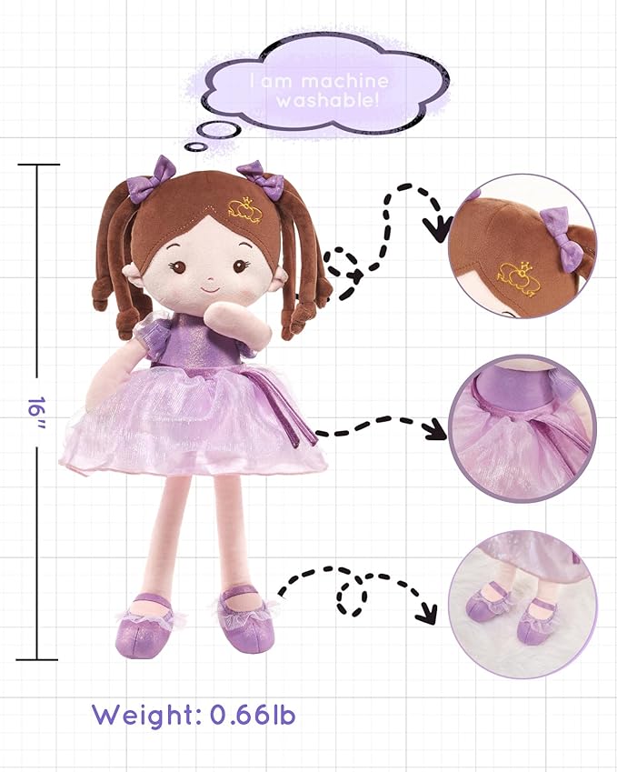 Personalized Soft Baby Doll Toys for Girls (16''), My First Birthday Gift, Christmas Dolls, Leya Doll Baby Rag Doll Plush Toys for Toddler Kids Infants -Princess Coral - Violet