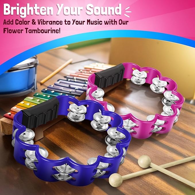 Flexzion Flower Tambourine - 8 Inch Handheld Percussion Instrument w/Metal Jingles & Ergonomic Grip - Small Tambourines for Adults, Kids, Church, Parties, & Musical Events (2 Pack - Blue & Pink)