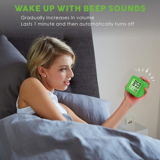 Plumeet Digital Alarm Clock Kids with Snooze and Nightlight - Easy Setting Silicone Clock Display Time, Date - Loud Alarm Clock for Bedroom - Battery Powered (Green)