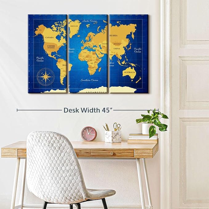 ElephantStock Yellow Longitude World Map Multi Piece Canvas - 3 Panel Wall Decor - Map of the World Art - Canvas for the Office and Home - 38" X 24"