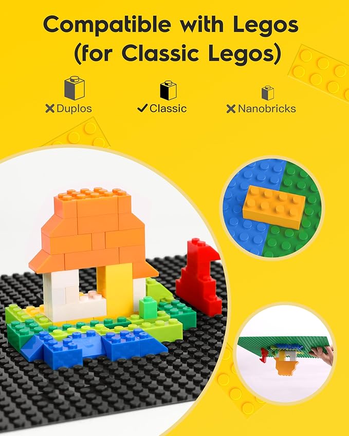 Classic Baseplates Building Plates, 2 Pack 10" x 10" Building Bases Compatible with All Major Brands, Classic Basplates for Bricks (Black)