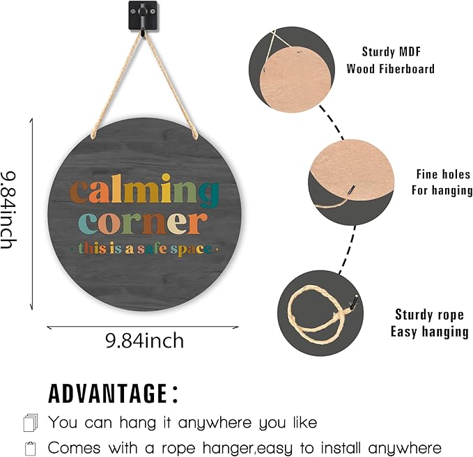 Calming Corner Hanging Wood Sign Plaque - Safe Space Classroom Decor, School Counselor Office Decor, Calm Down Corner Decorations For Classroom Preschool, Boho Classroom Decor, 10x8 (Roundness Gray)
