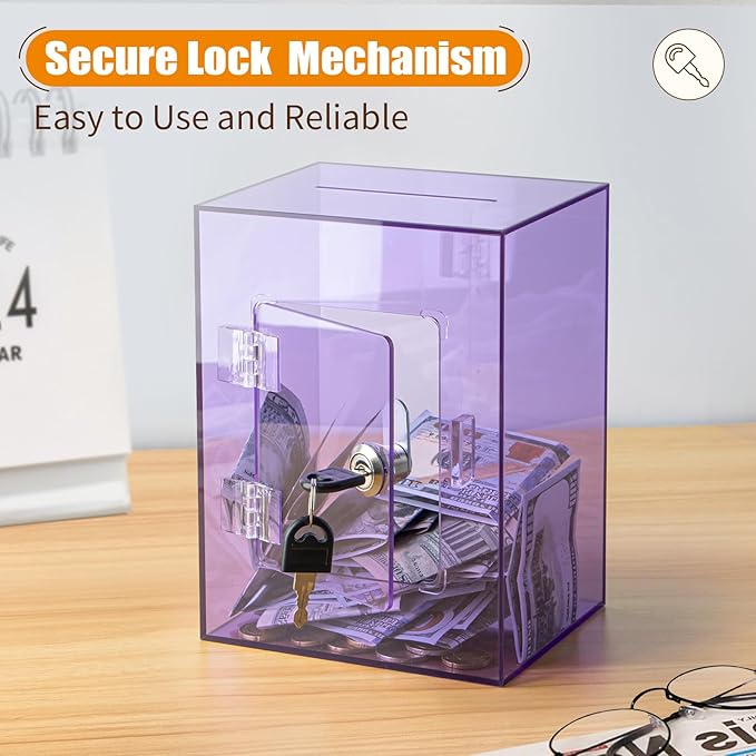 Hicocool Clear Piggy Bank with Lock, Acrylic Piggy Bank for Adults Kids Openable, Reusable Money Saving Box with Key for Birthday (Purple)