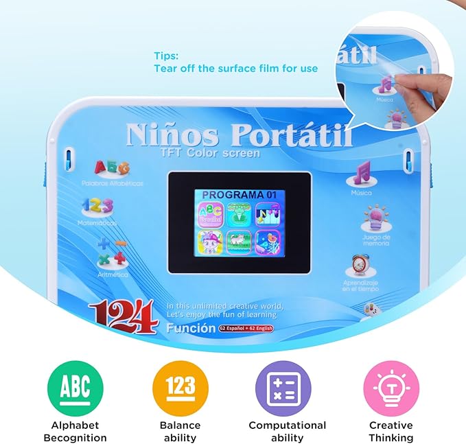 Educational and Bilingual Laptop Spanish/English, Color Screen Learning Laptop with 124 Learning Modes, Computer for Kids Ages 5+