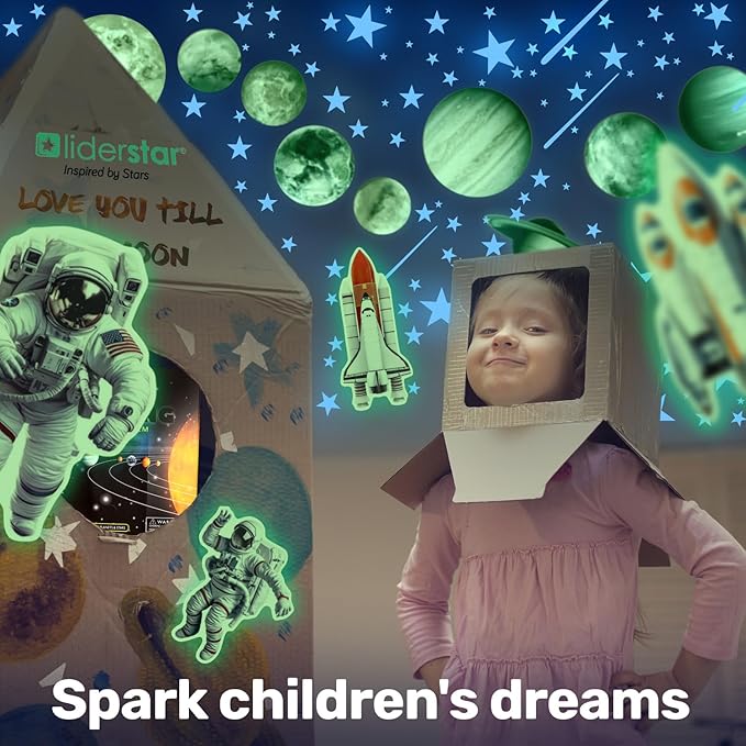 Glow in The Dark Stars and Planets, Bright Solar System Wall Stickers - USA Astronaut Spaceship, Ceiling Decals for Kids Bedroom Any Room, Shining Space Decoration, Birthday Gift for Boys and Girls