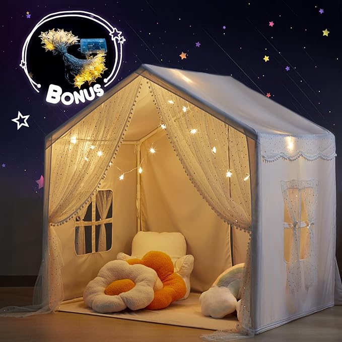 Play Tent for Kids with Star Lights, Large Kids House Indoor & Outdoor, Castle Tent for Girls Decorated Sequin Sparkle Stars, Playhouse with Front & Rear Doors for Toddler, Boho Decor