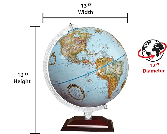 Replogle Aragon Globe, 12" Desktop World Globe, Raised Relief, Up-to-date Cartography, Smart Intelli-enabled World Map, Made in the USA, Blue