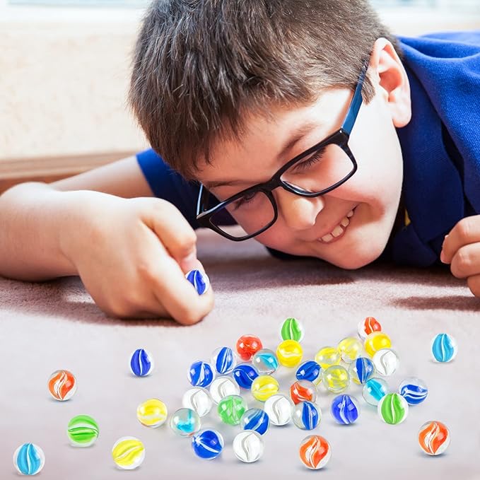 POPLAY Marbles for Kids, 115PCS Cat Eye Glass Marble, Mixed 6 Colors with Gift Box, for Chinese Checkers Board Games, Party Favor Gifts