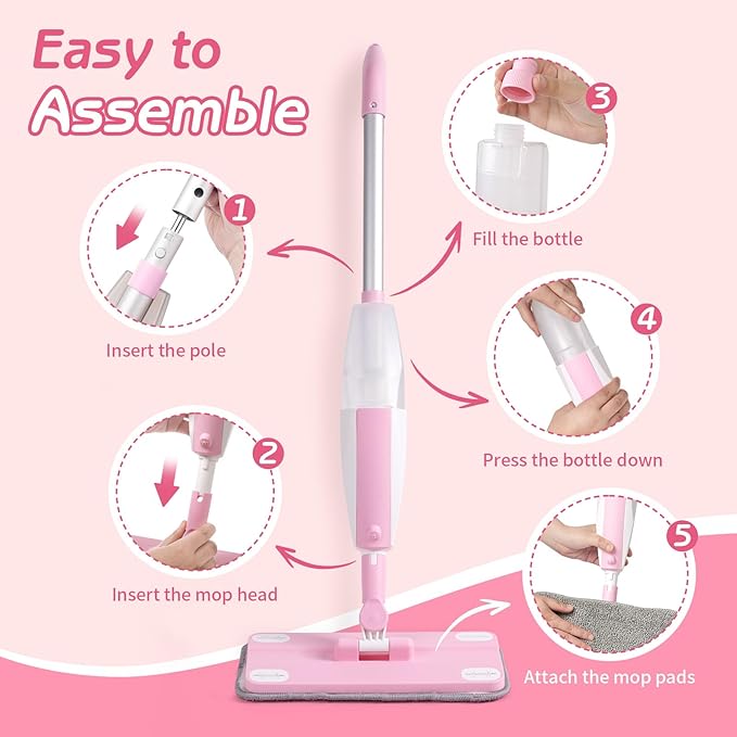 Kids Spray Mop Pink, Real Working Water-Spraying Toy, Montessori Mini Mop with 2 Microfiber Washable Pads, Toddler Cleaning Set for Floor, Christmas Birthday Gifts for Age 3 4 5 6 7 8
