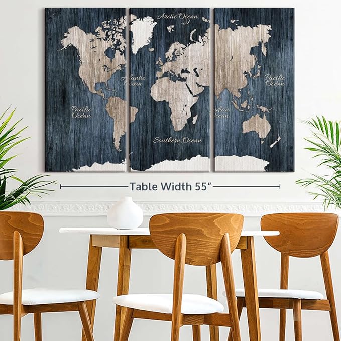 ElephantStock Aged Blue World Map I Canvas - 3 Panel Wall Decor - World Map Digital Art - Blue Wall Art - 57" X 36"
