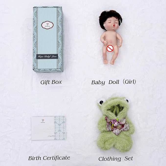 Reborn Baby Doll 10 Inch – Realistic Vinyl Sleeping Girl in Soft Green Frog Outfit – Comfort Doll Gift for Girls & Collectors