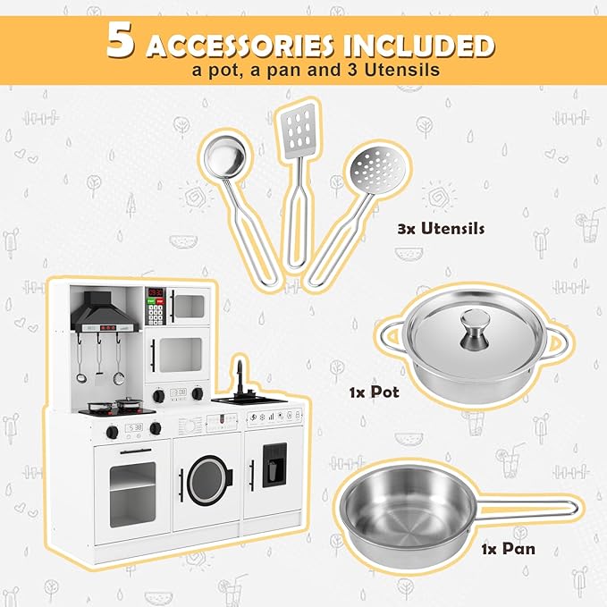 JOYLDIAS Kids Play Kitchen Set, Wooden Free Combination & Movable Pretend Toddler Kitchen Toy w/Real Sound and Light, Running Water, Oven, Washing Machine and Cookware Accessories for Age 3+ Toddlers