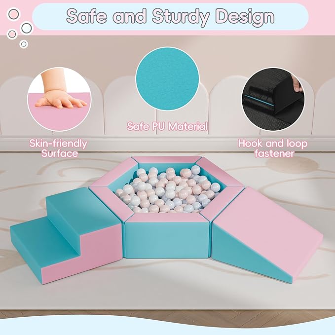 TOLEAD Foam Climbing Blocks for Girls Toddlers,Pink Soft Play Set Ball Pit,Climb & Crawl Foam Playset for Kids, Toddler Climber Indoor with Pad,Easy to Clean