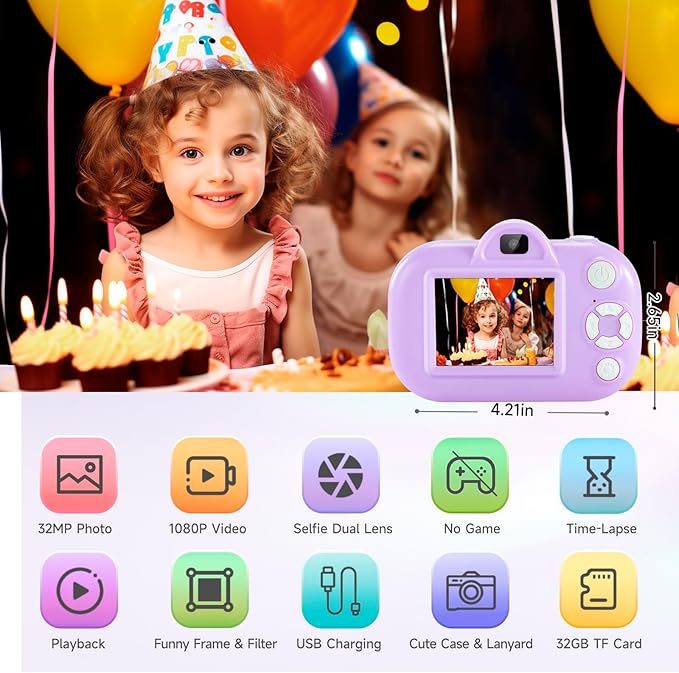 32MP Dual Lens Toddler Camera Kids Digital Camera for 3 4 5 6 7 8 9 Year Old Girl Christmas Birthday Gifts, Purple