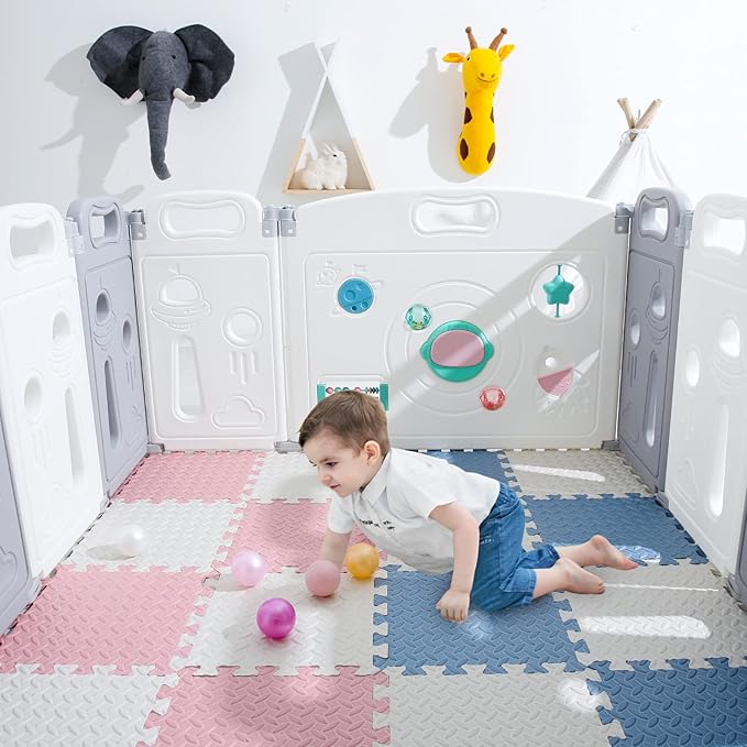 Foam Floor Mats for Kids, 12 x 12 Inch 16 Tiles 0.4" Thickness Foam Play Mat, Non-Toxic Square Interlocking Floor Mats Rubber Baby Play Mat for Toddlers(White/Gray Blue/Lori Pink)