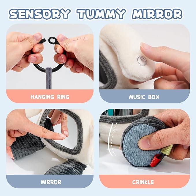 Koty Musical Tummy Time Toy,Baby Mirror Toy 3 Years Old, Infant Sensory Toy with Crinkle Sounds, Textures, Mirror & Melody Music Box for Tummy Time and Self-Discovery (White Cow)